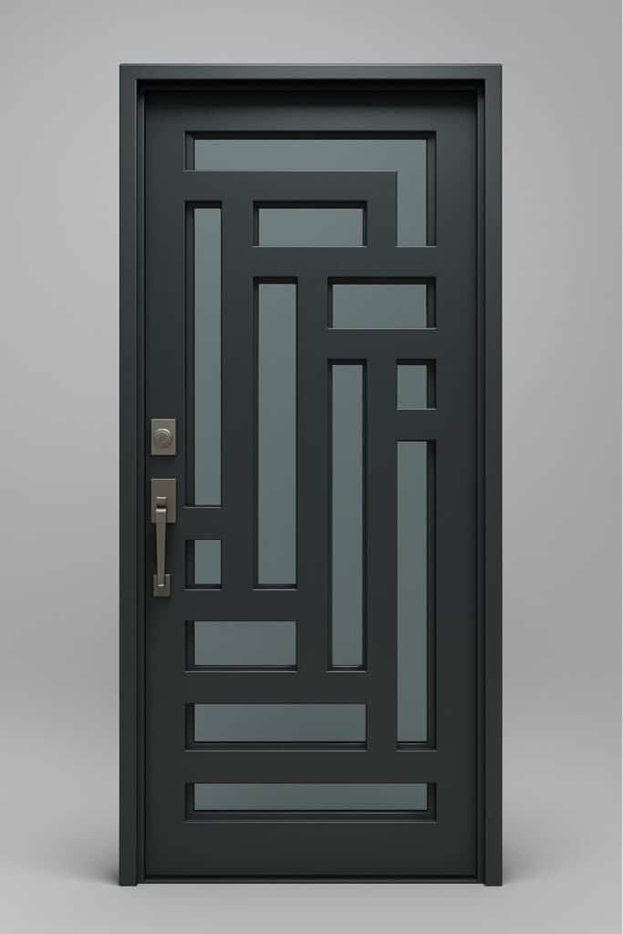 Imagen de puerta de herreria de diseño geometrico recto con vidrio templado