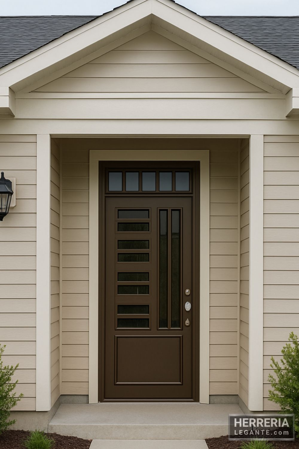Puerta de herrería color bronce con vidrio en entrada principal de vivienda pequeña con fachada beige