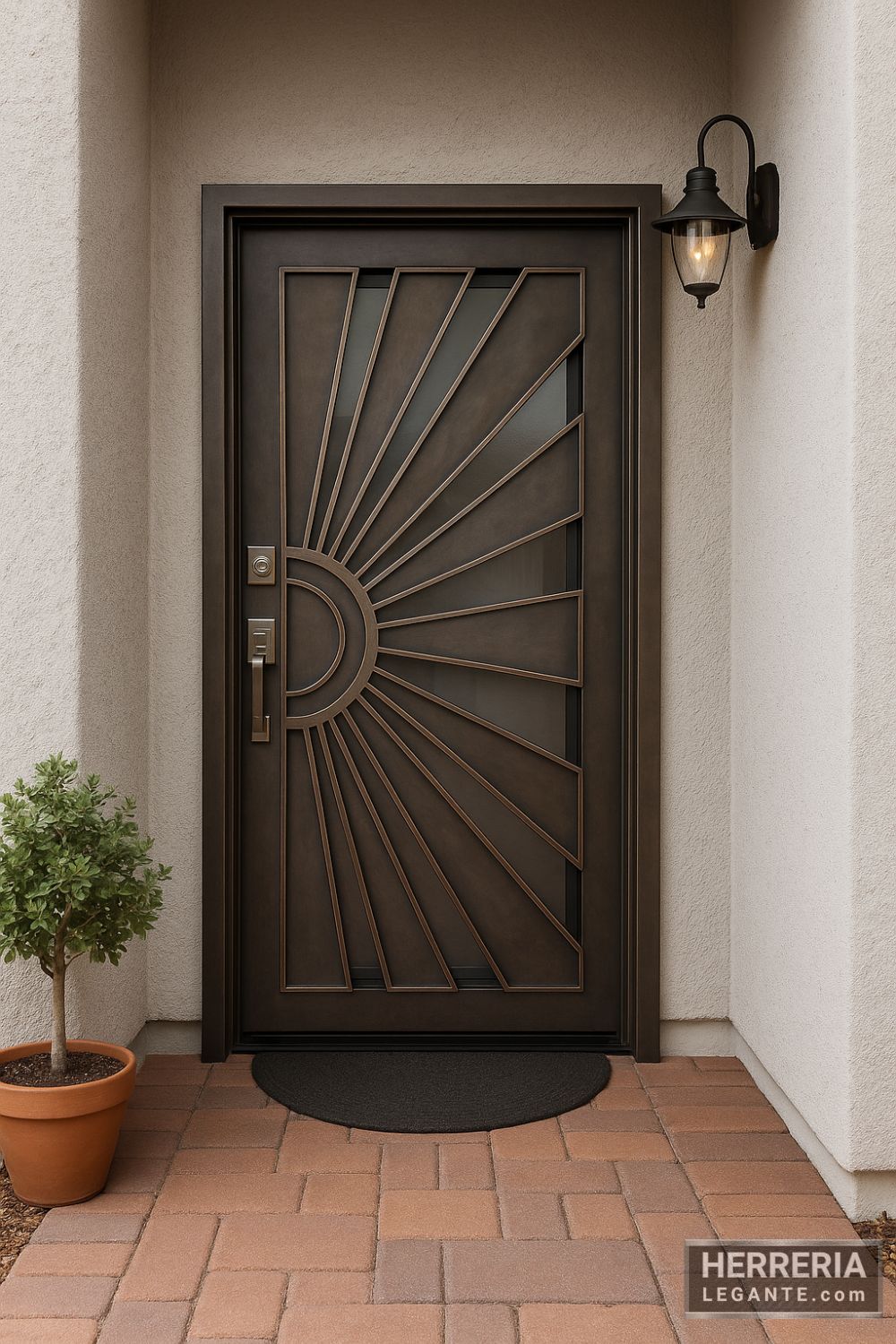 Puerta de hierro con diseño de sol y vidrio esmerilado en entrada principal con muros claros y farol decorativo