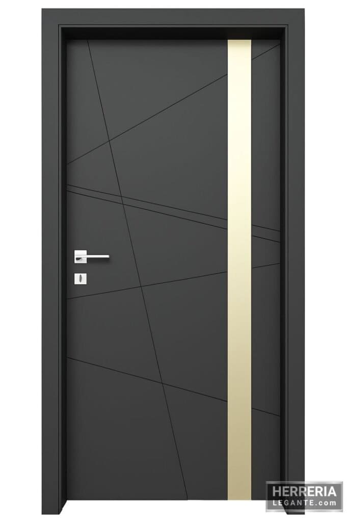 Puerta negra con líneas diagonales y franja metálica vertical para interiores modernos
