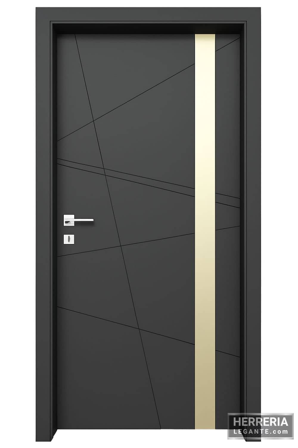 Puerta negra con líneas diagonales y franja metálica vertical para interiores modernos