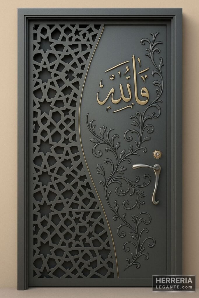 Puerta metálica con calado geométrico y detalles caligráficos decorativos en corte láser sobre muro claro