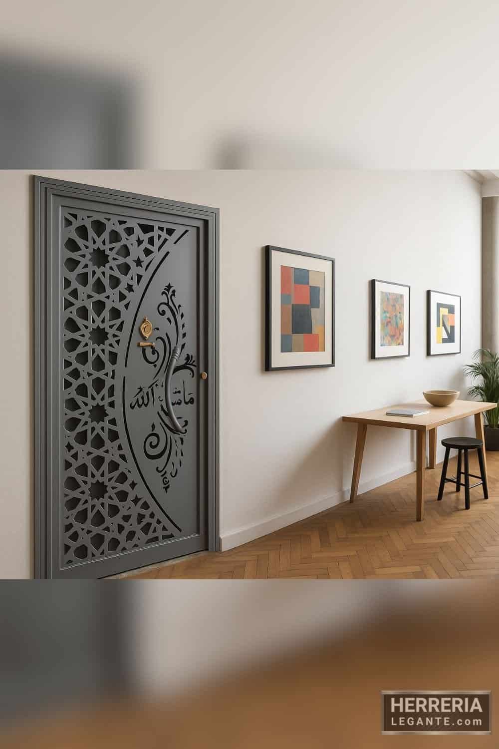 Puerta de herrería gris con calado artístico instalada en interior de galería con obras abstractas