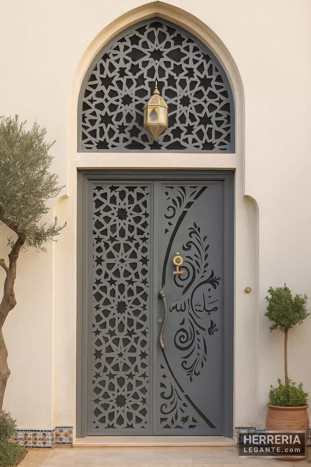 Puerta de herrería gris con corte láser geométrico y caligrafía árabe en entrada con decoración de inspiración árabe