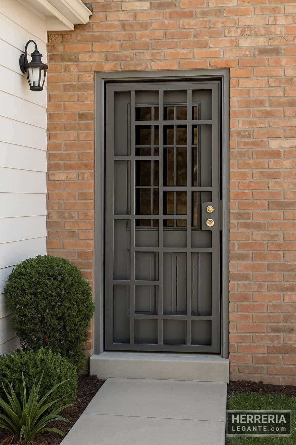 Puerta de herrería gris con patrón de cuadros instalada en ingreso lateral de vivienda con muro de ladrillo y arbustos