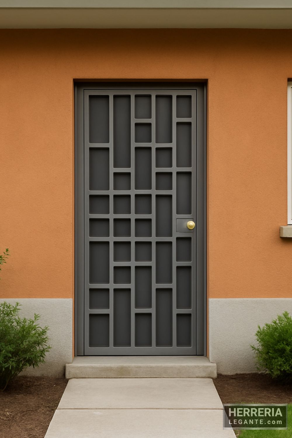 Puerta de herrería gris con diseño de cuadros en fachada color terracota de vivienda social con jardín frontal
