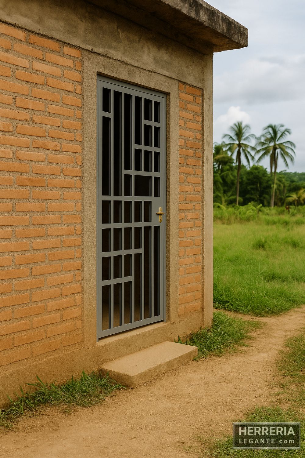 Puerta de herrería económica con diseño cuadriculado en vivienda rural con pared de ladrillo y paisaje verde
