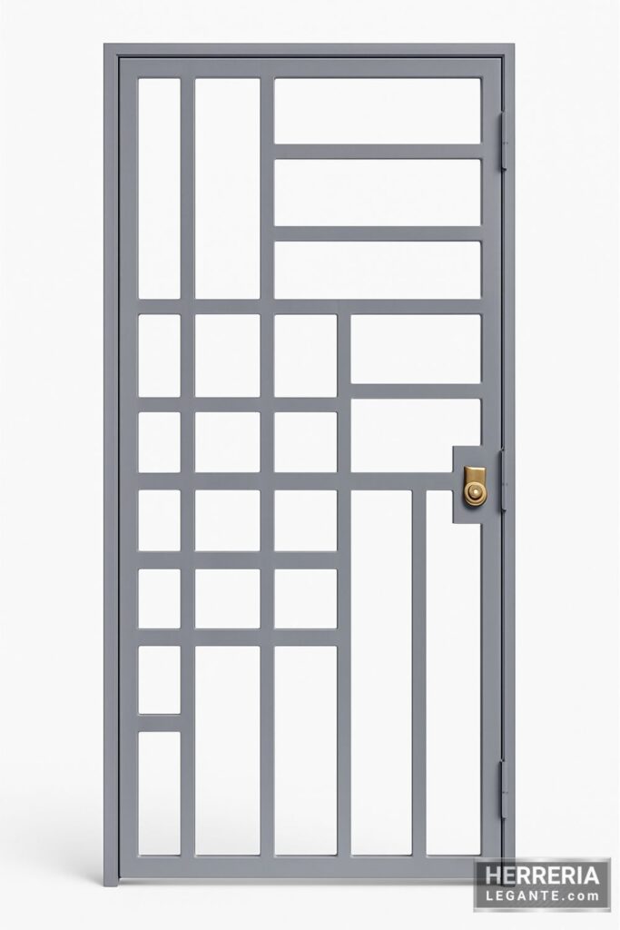 Puerta metálica gris con patrón cuadriculado simple y cerradura dorada sobre fondo blanco