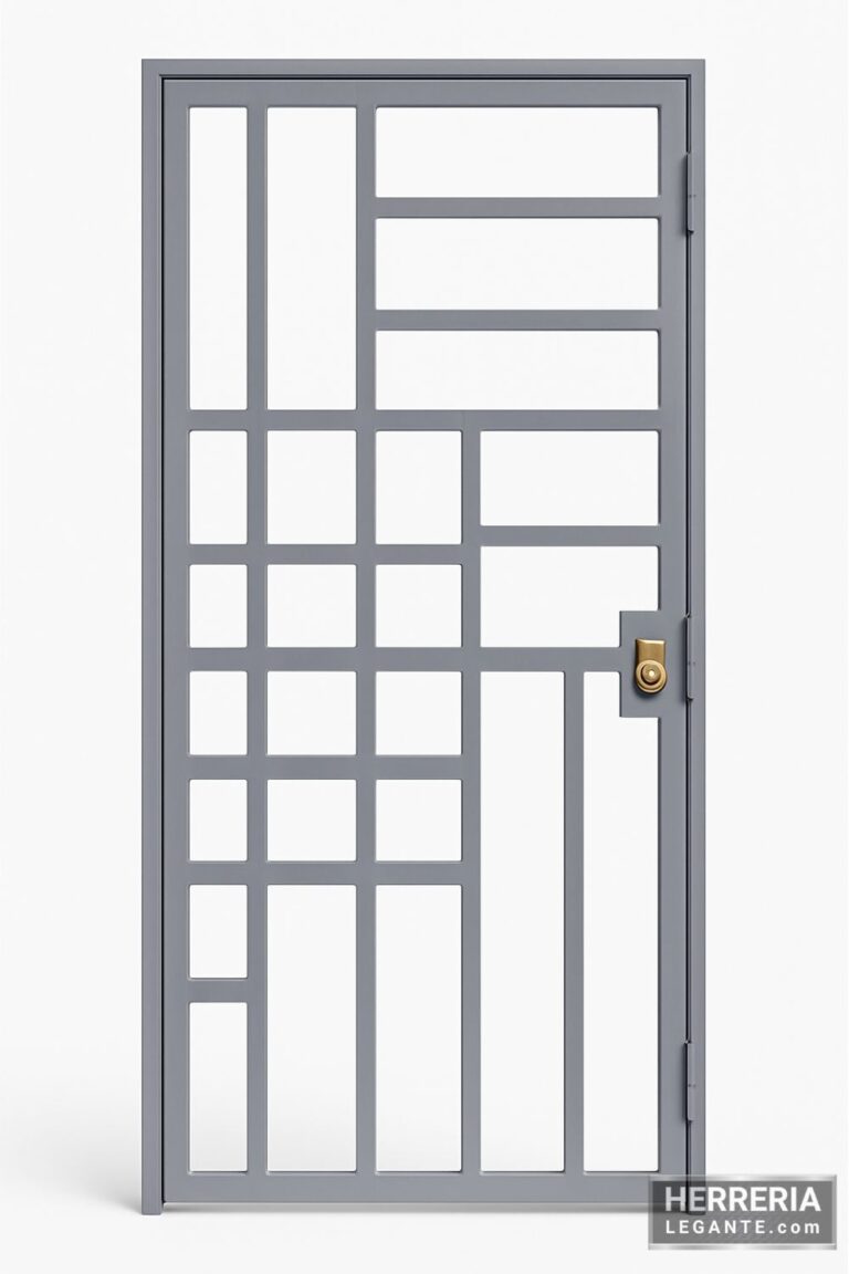 Puerta metálica gris con patrón cuadriculado simple y cerradura dorada sobre fondo blanco