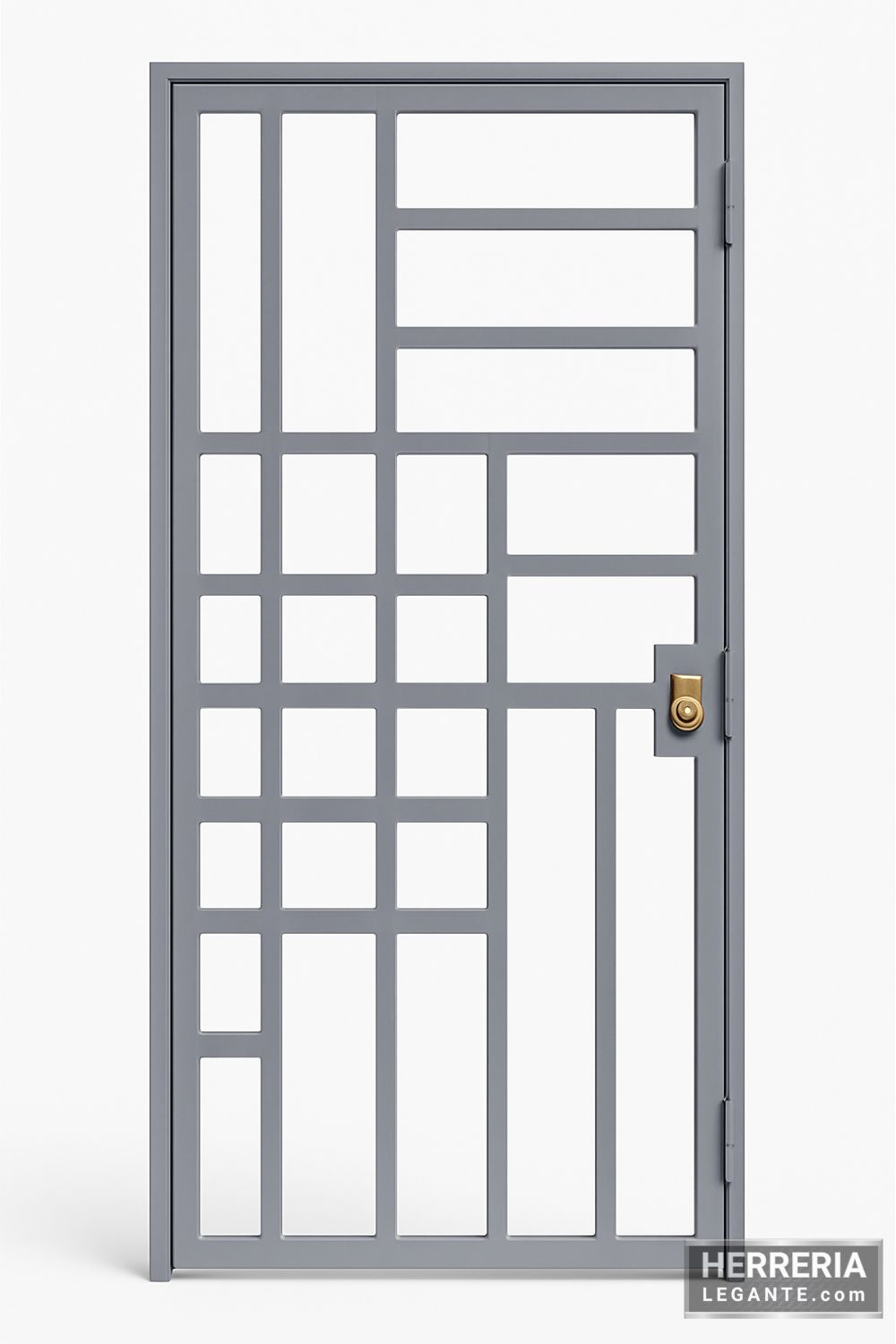 Puerta metálica gris con patrón cuadriculado simple y cerradura dorada sobre fondo blanco
