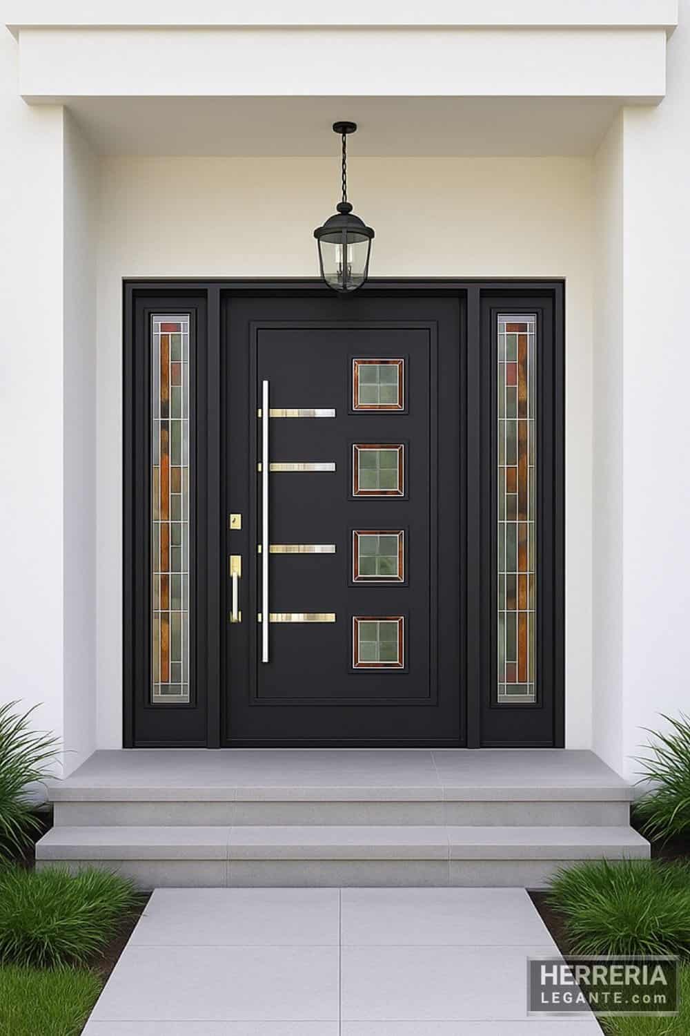 Puerta negra con vidrios biselados y líneas de aluminio instalada en entrada de casa blanca moderna con plantas decorativas