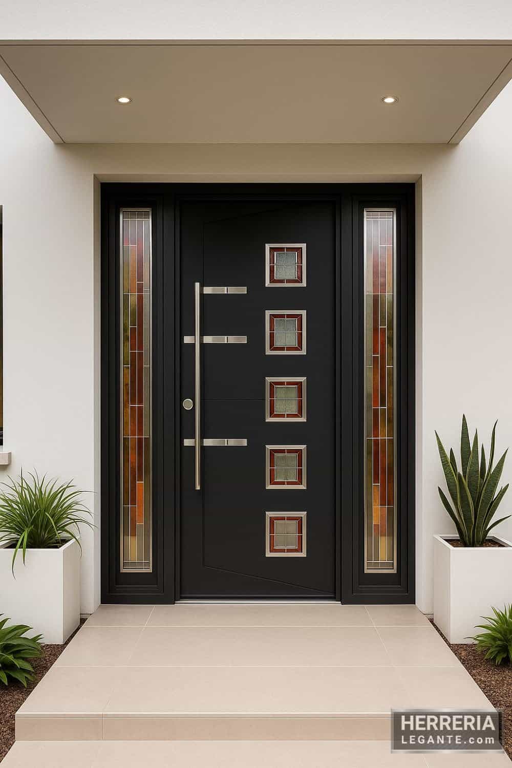 Puerta negra con cristales decorativos y laterales de vidrio bajo pórtico moderno con iluminación embutida