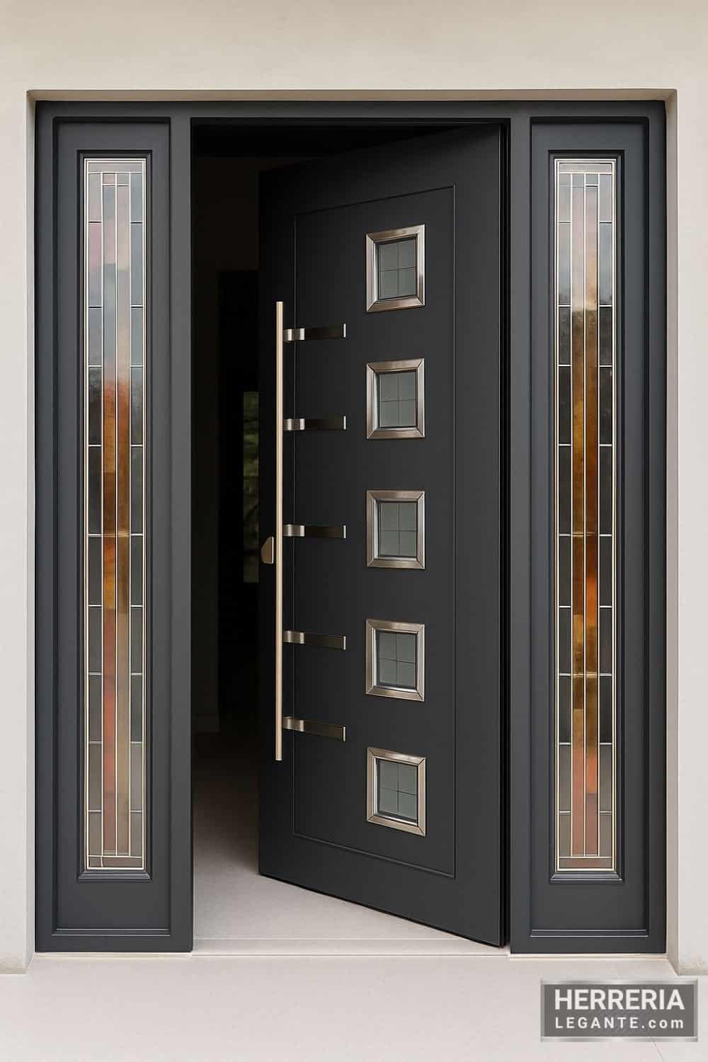 Puerta metálica negra con paneles de vidrio biselado y líneas de aluminio, con laterales decorativos de vidrio vertical
