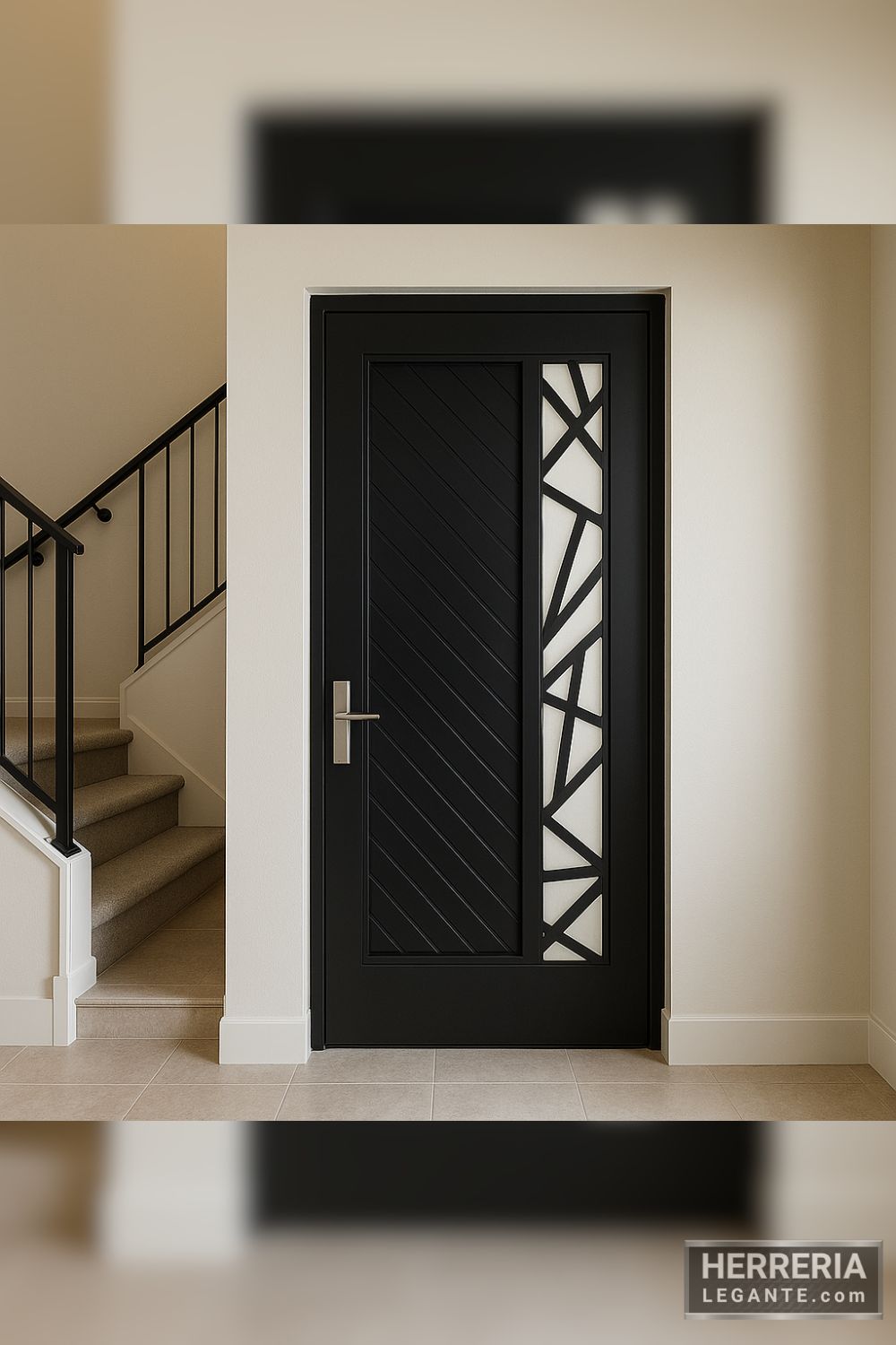 Puerta negra con vidrio esmerilado y diseño geométrico instalada al lado de una escalera interior