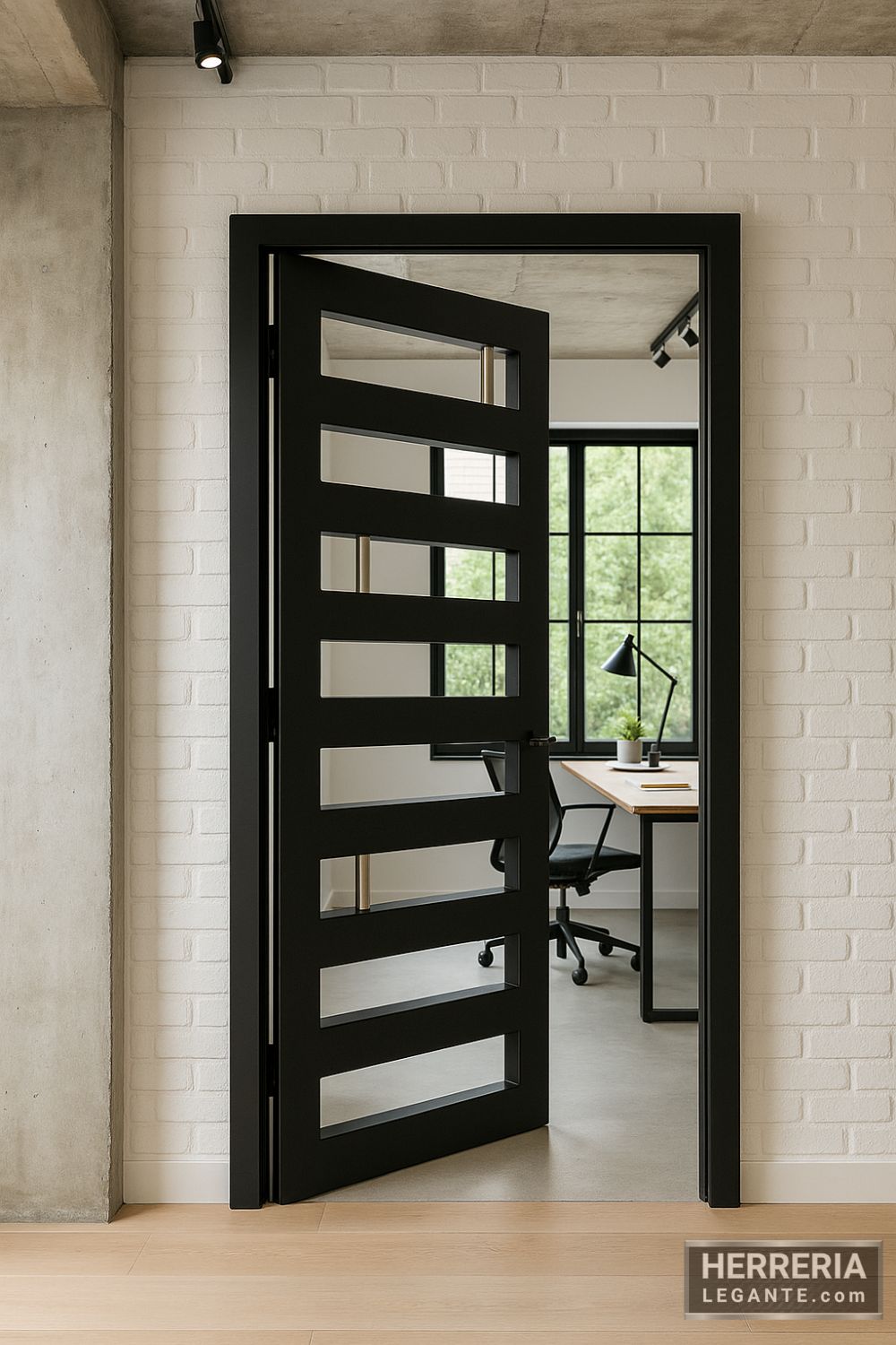 Puerta metálica negra con diseño abierto en estudio moderno con pared de ladrillo blanco