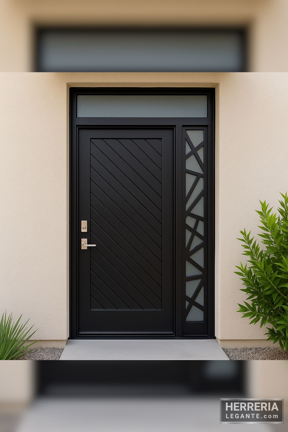 Puerta negra de herrería con panel lateral geométrico instalada en fachada clara y remodelada