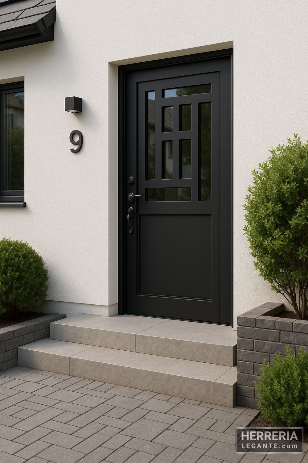 Entrada principal de casa urbana con puerta de herrería negra de diseño geométrico