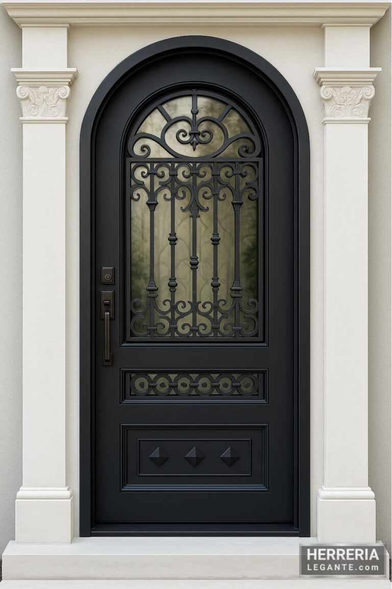Puerta de herrería con arco, vidrio templado y forja ornamental, instalada en entrada con columnas decorativas