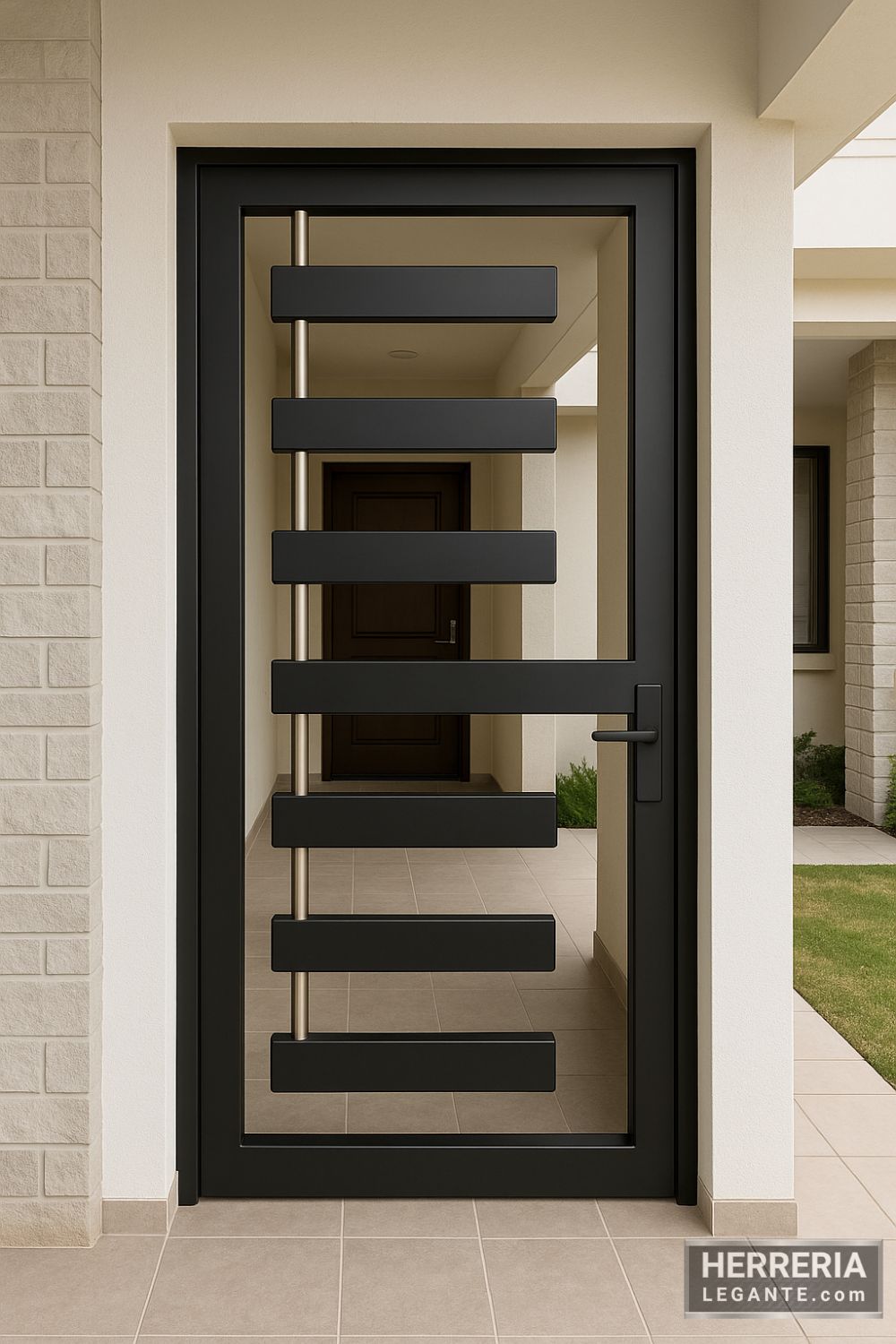 Puerta metálica negra con diseño horizontal en ingreso a área común de edificio moderno