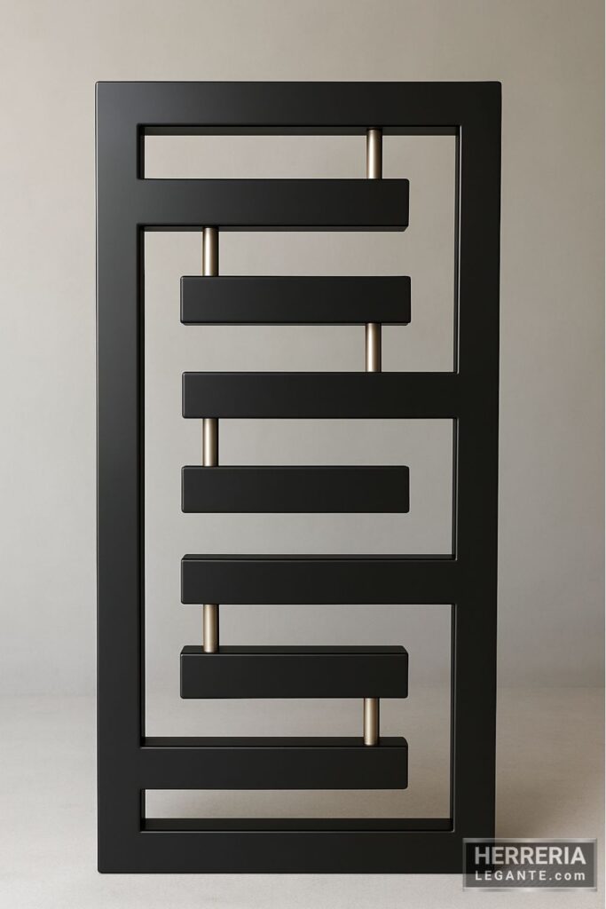 Puerta metálica negra con diseño de barras horizontales y tubos decorativos sobre fondo gris