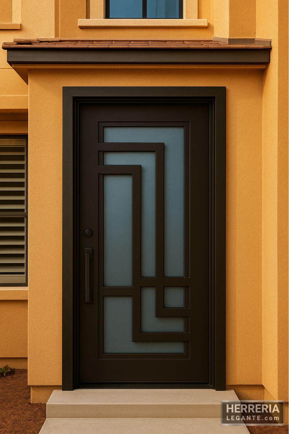 Puerta de herrería con vidrio geométrico instalada en casa de dos pisos con paredes color beige