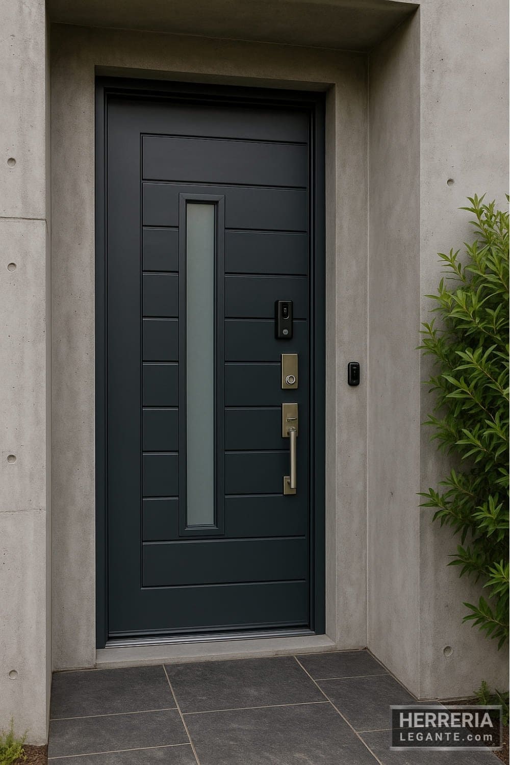 Puerta de herrería con vidrio y cerradura digital en fachada de concreto moderno