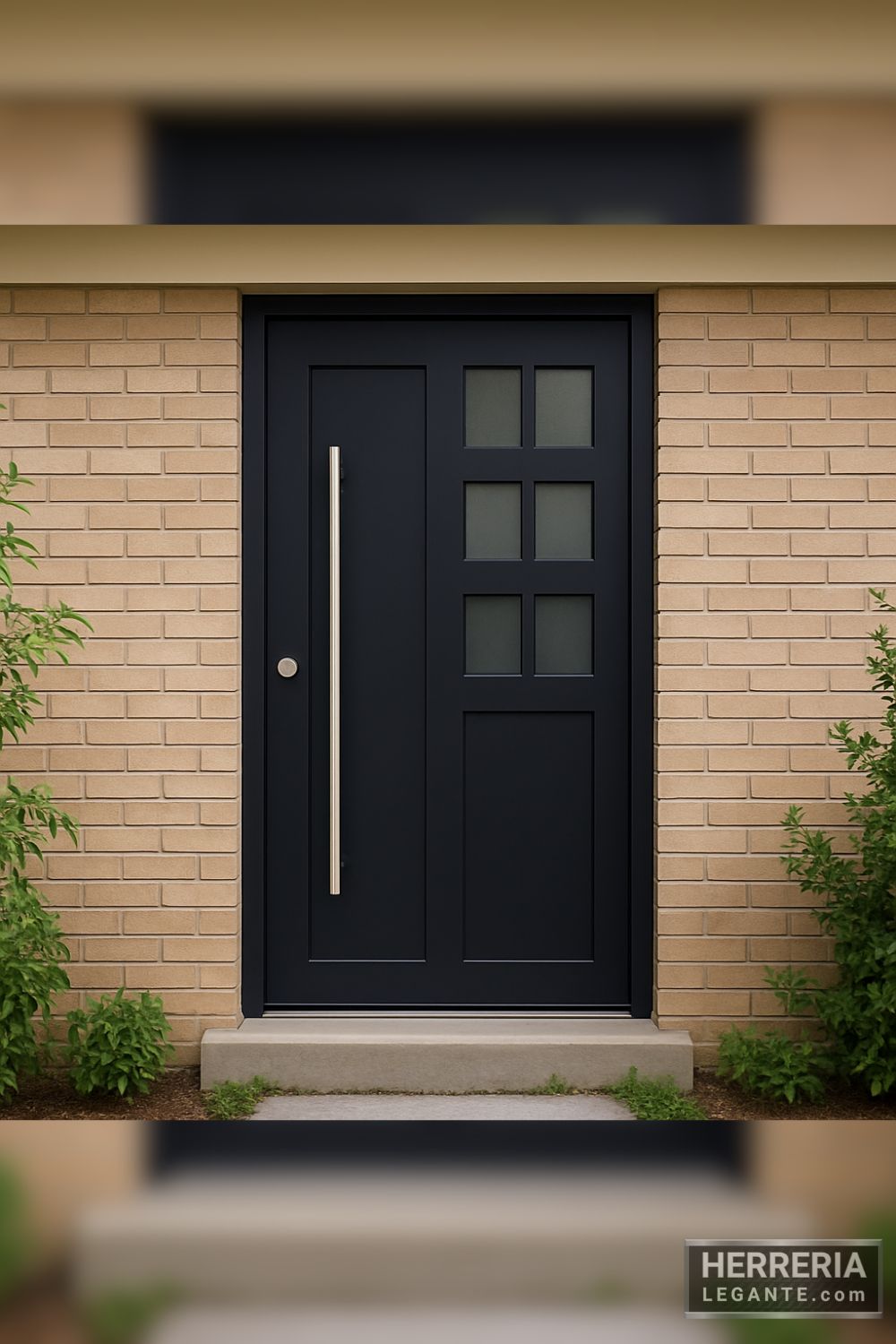 Puerta de herrería moderna con manija vertical y vidrios cuadrados en fachada de casa de una planta con ladrillo beige