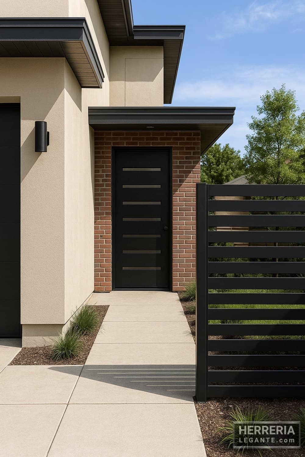 Puerta negra de herrería junto a cerco moderno con diseño de líneas horizontales