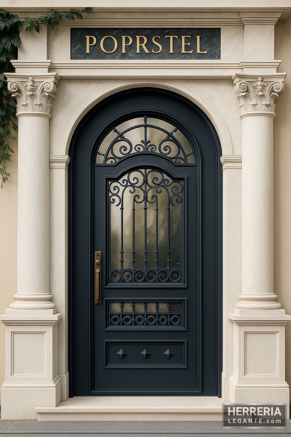 Puerta de herrería con arco, vidrio esmerilado y forja ornamental en fachada con columnas decorativas