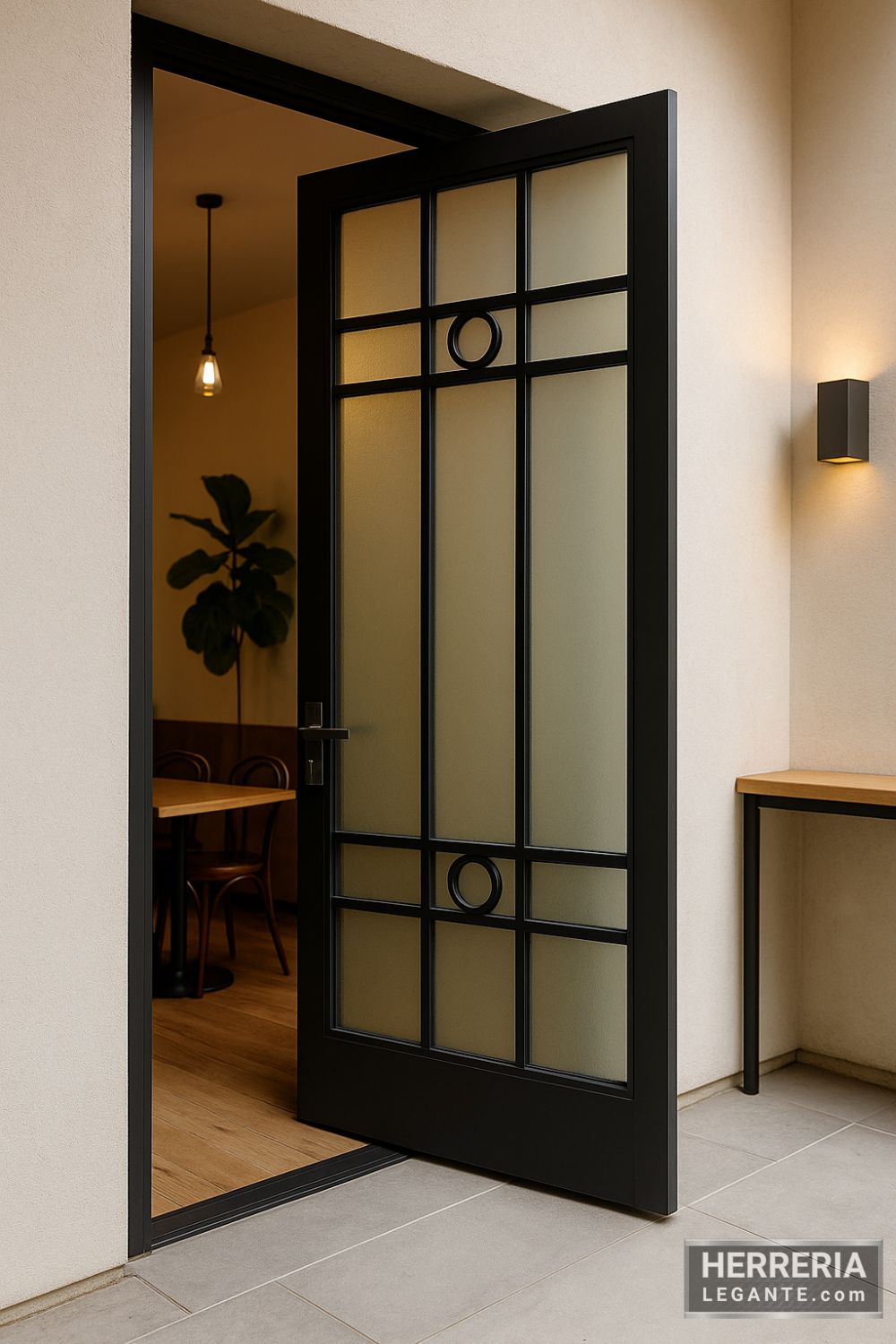 Puerta de herrería negra con vidrio opaco y círculos decorativos instalada en entrada de café moderno con iluminación cálida