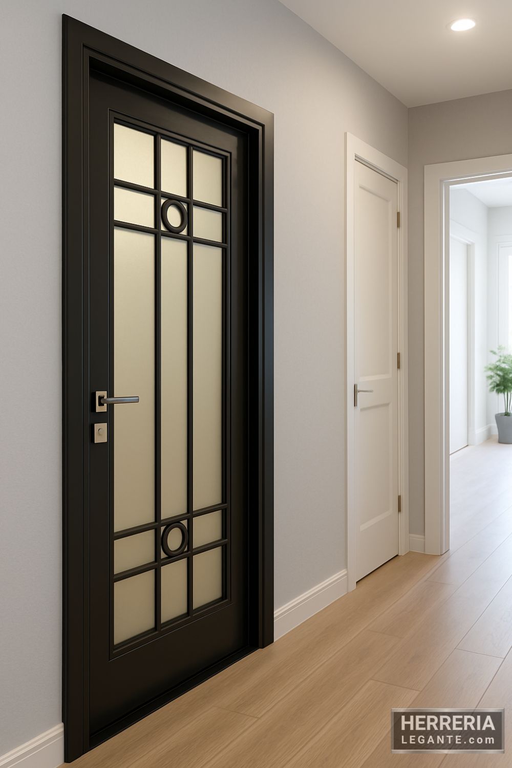 Puerta de herrería negra con vidrio opaco y círculos decorativos en pasillo interior de departamento moderno