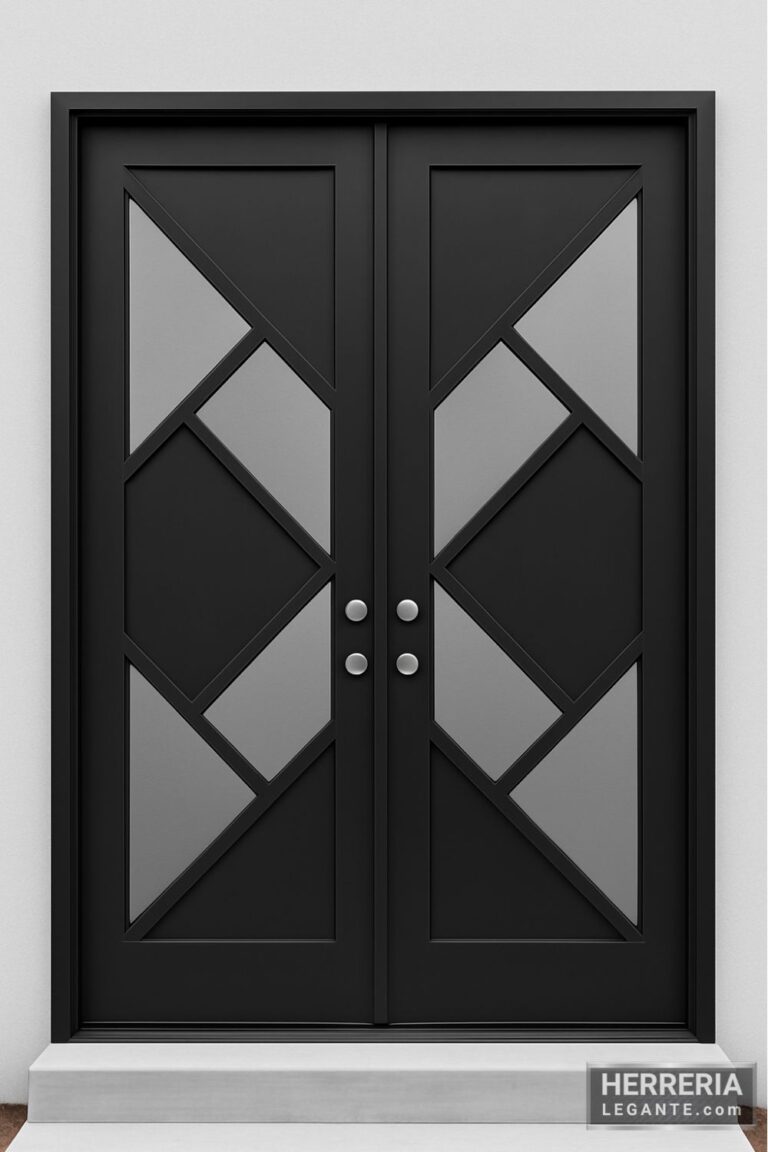 Puerta de herrería de doble hoja con diseño de diagonales cruzadas sobre vidrio, vista frontal con fondo neutro