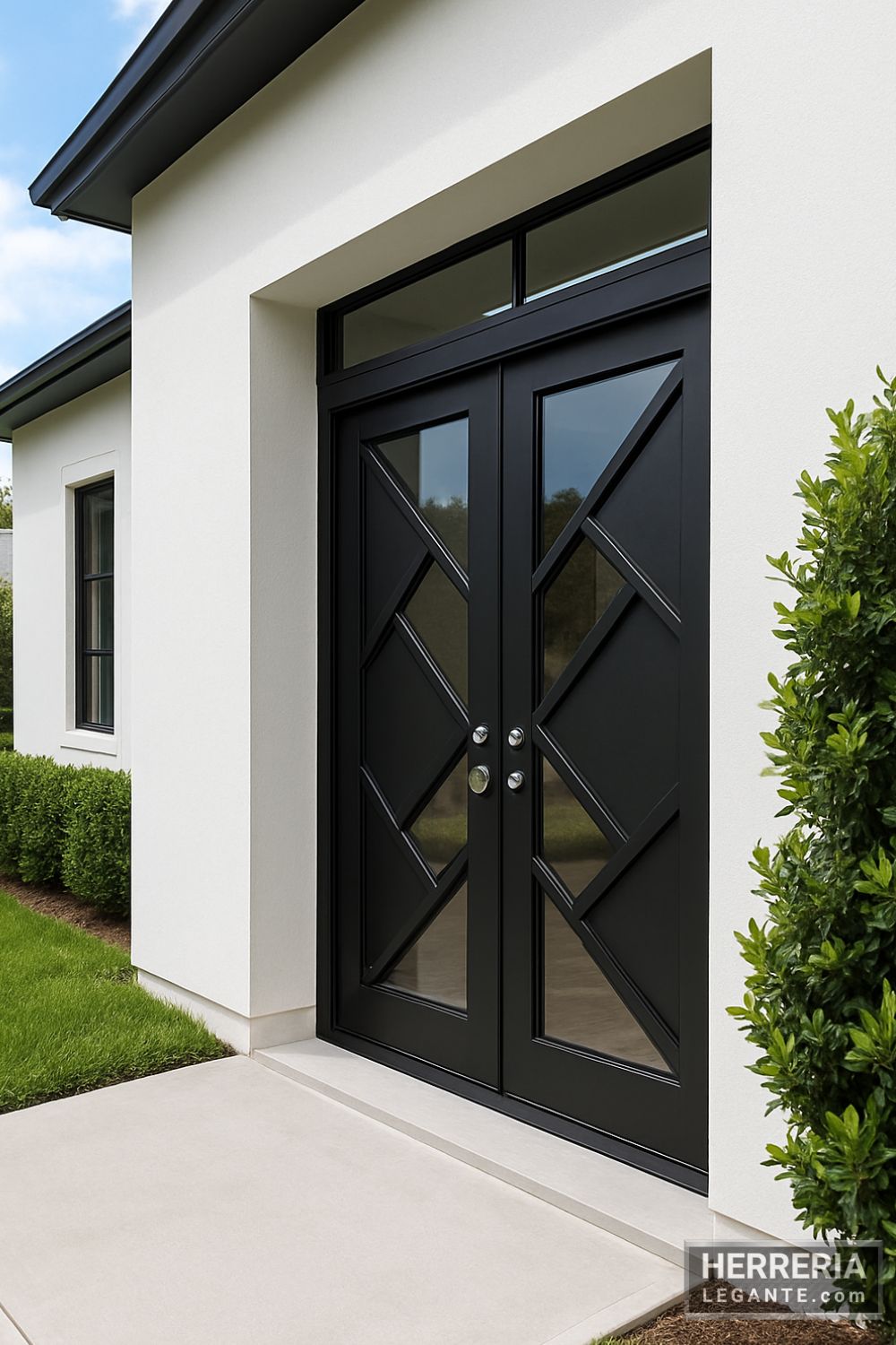 Puerta de herrería de doble hoja con diagonales cruzadas instalada en fachada blanca con acceso amplio
