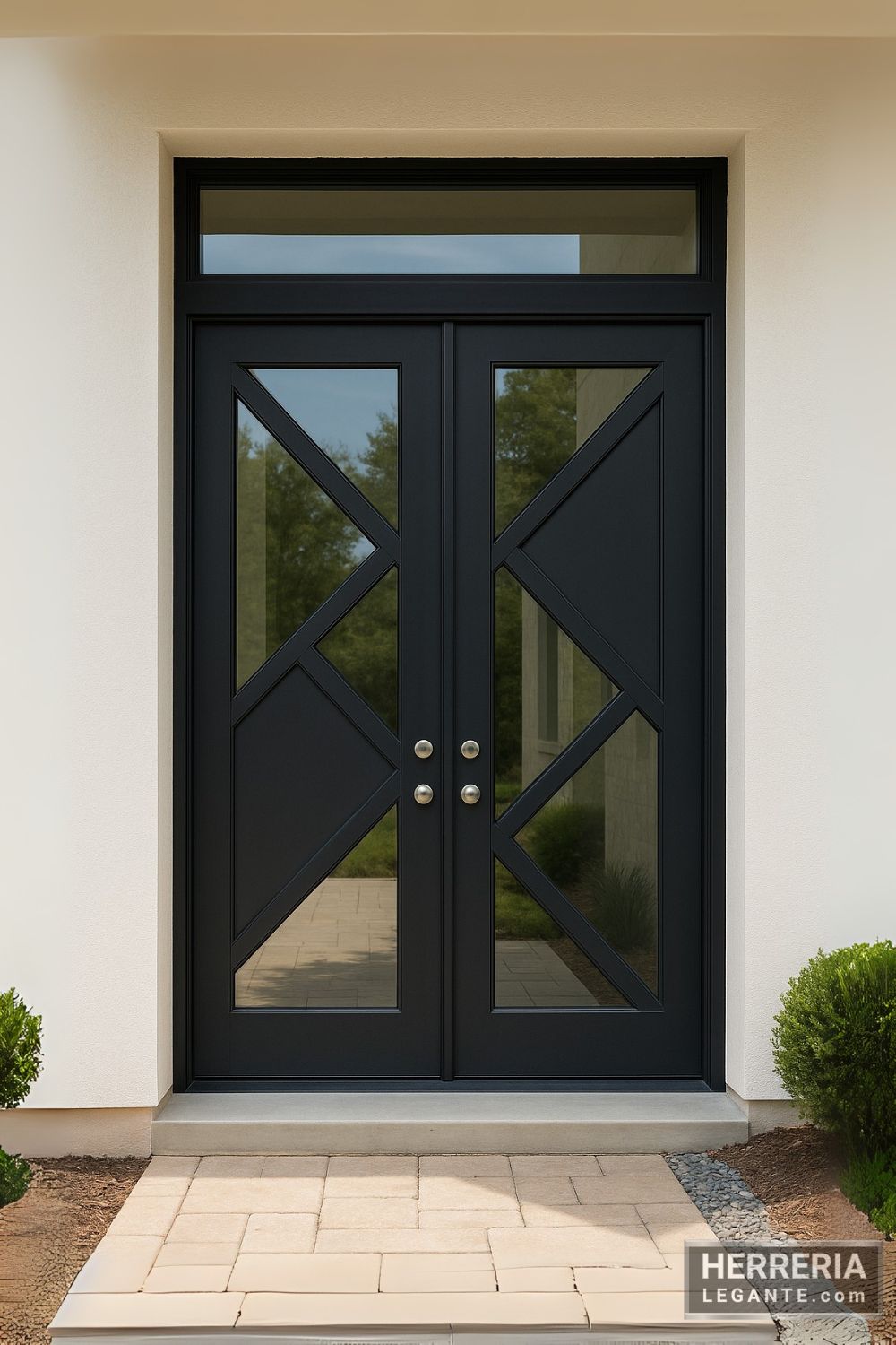 Puerta de herrería con vidrio y diseño diagonal instalada en fachada clara con iluminación natural frontal
