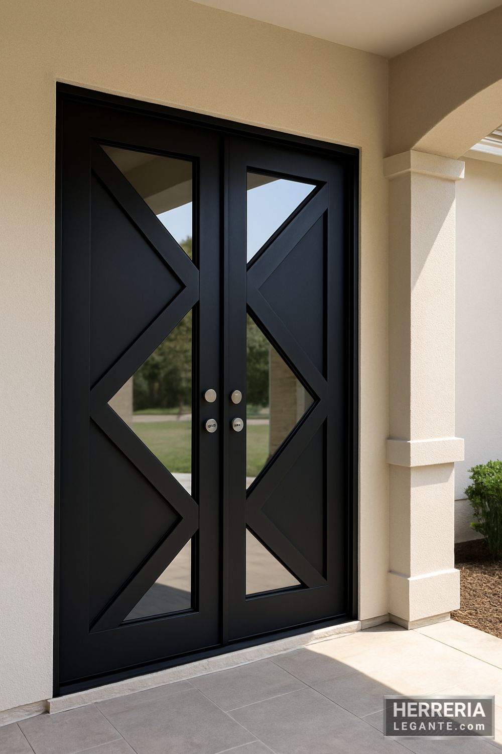 Puerta de herrería negra de doble hoja con diseño diagonal instalada bajo un pórtico con columnas beige y piso de porcelanato