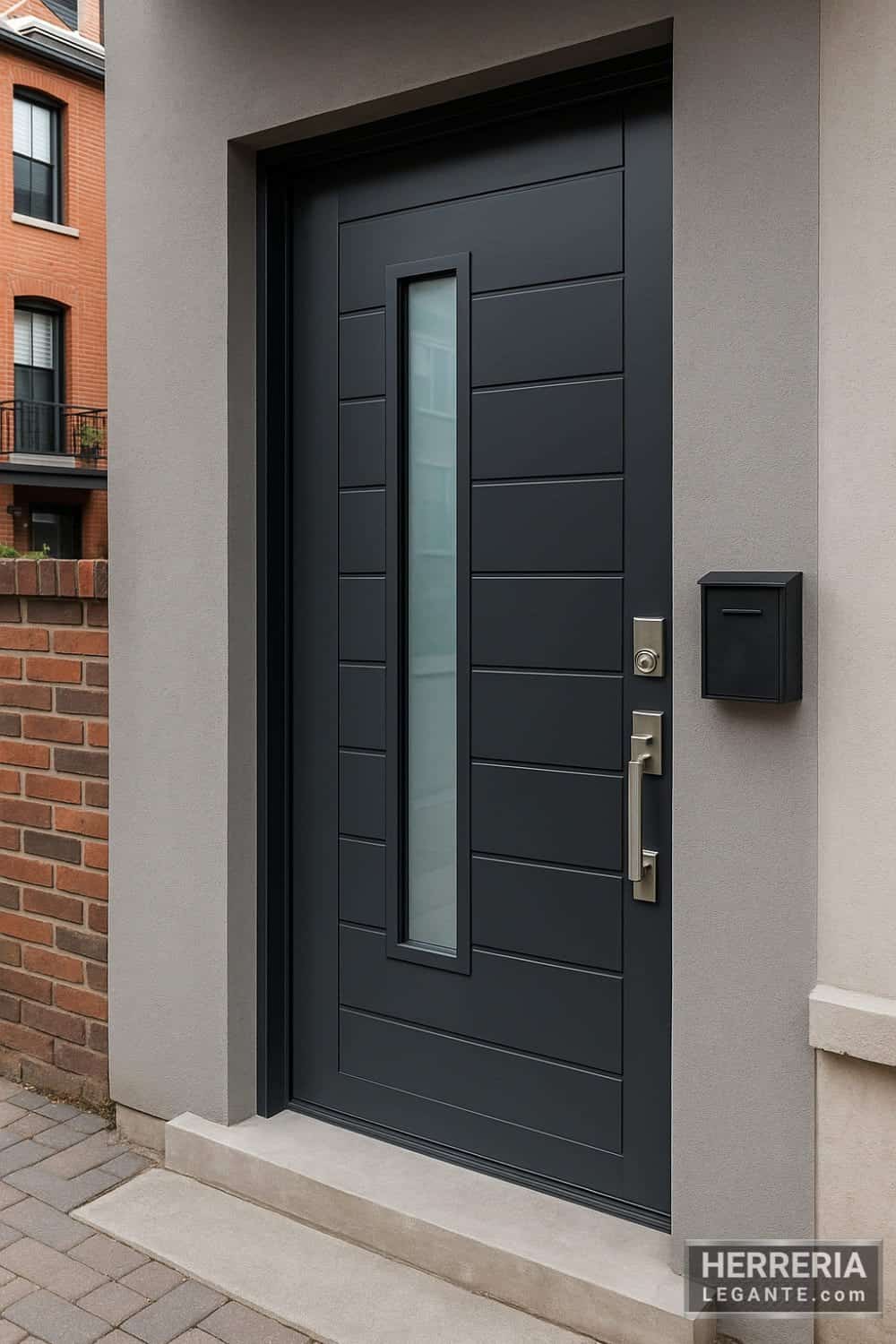 Puerta metálica con vidrio instalada en acceso individual de dúplex urbano