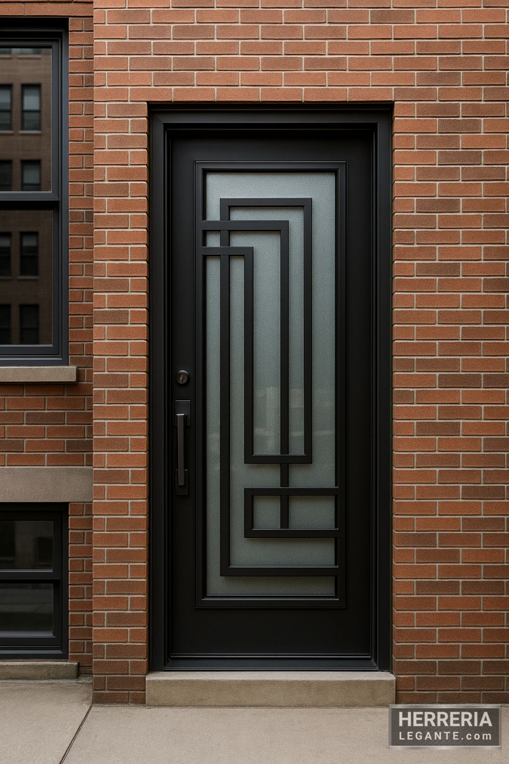 Puerta de herrería moderna con vidrio geométrico en edificio de ladrillo urbano