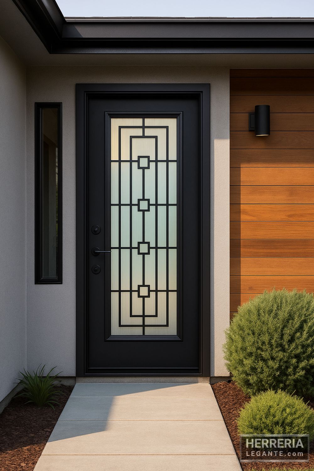 Puerta de herrería negra con vidrio decorativo y cuadros concéntricos instalada en entrada principal de departamento moderno con muros en tonos grises y piso cerámico claro