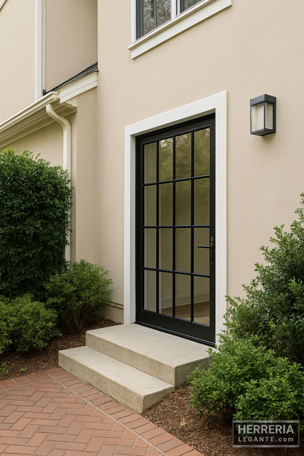 puerta de herrería con vidrio en acceso lateral de casa de dos plantas