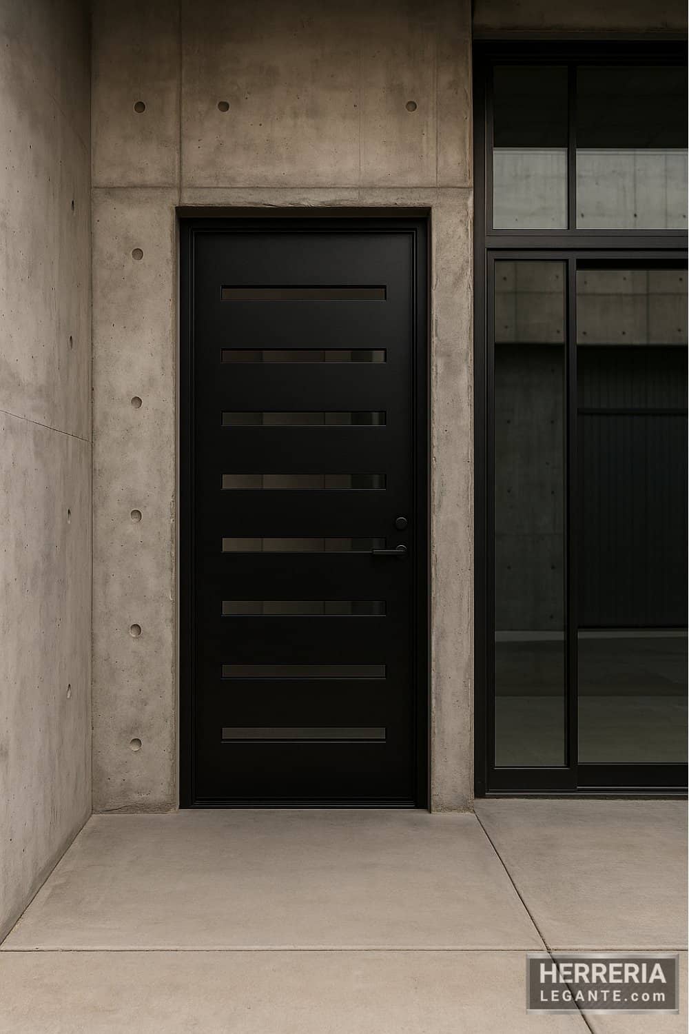 Puerta de herrería moderna con calados horizontales en muro de concreto estilo industrial