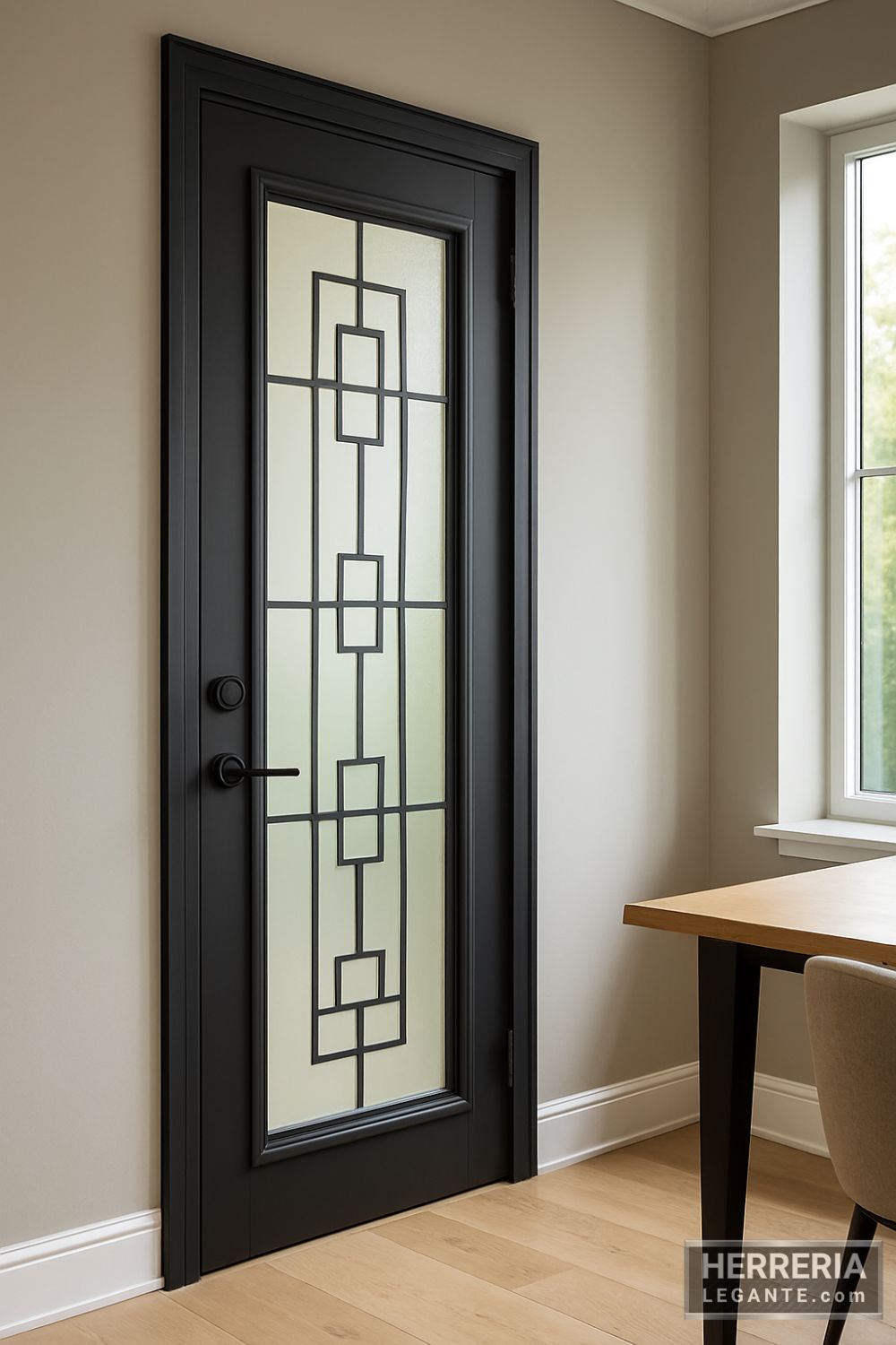 Puerta de herrería negra con vidrio decorativo y patrón de cuadros instalada en estudio interior con iluminación natural, piso de madera clara y escritorio minimalista