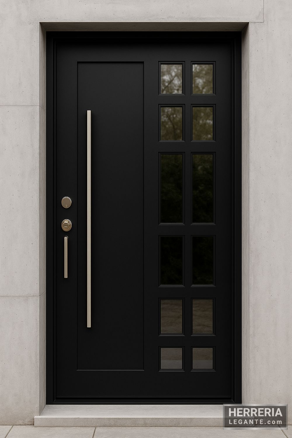 Puerta de herrería negra con manija larga y vidrios cuadrados en casa de concreto moderna