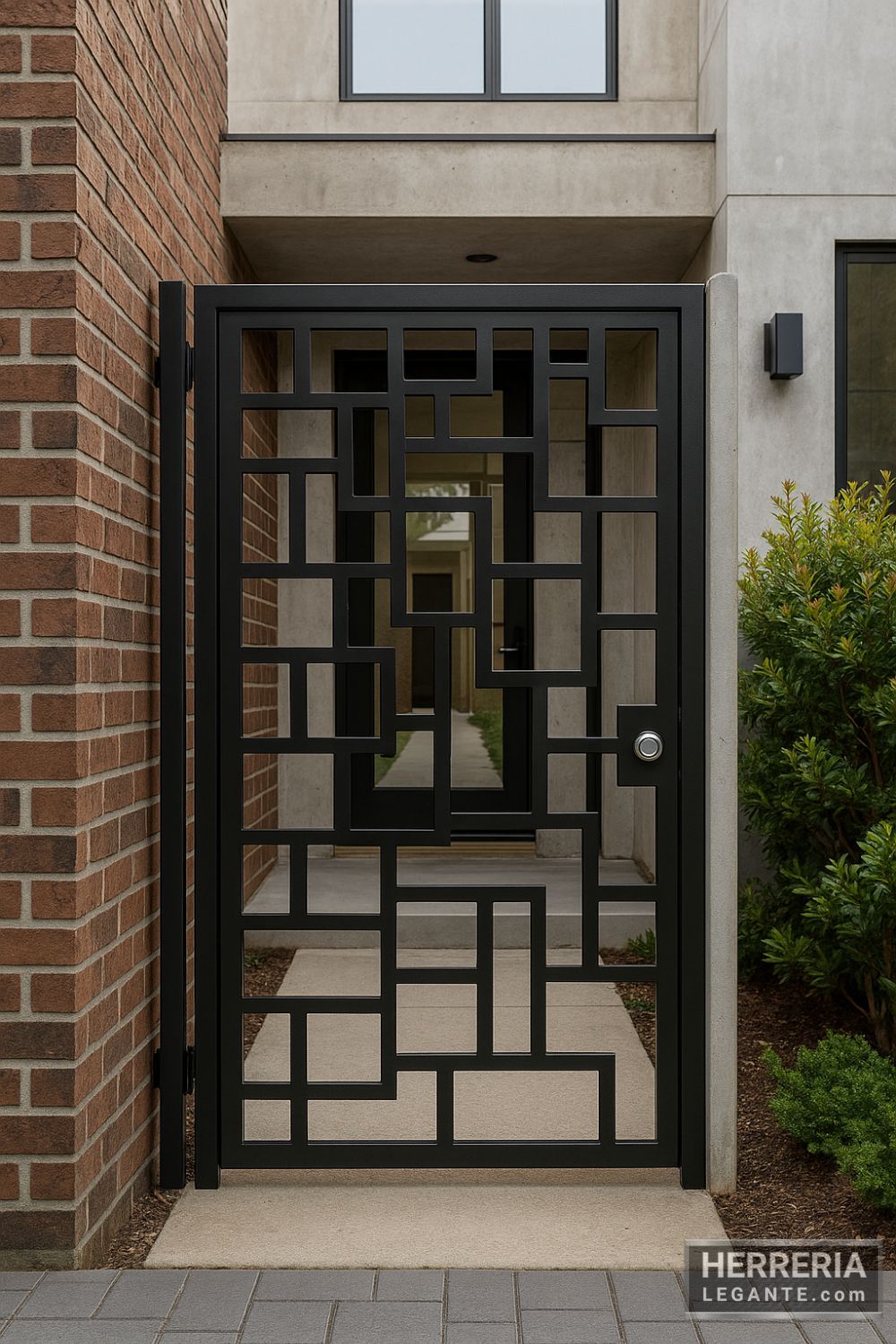 puerta de herrería negra con diseño calado en fachada moderna de ladrillo y concreto