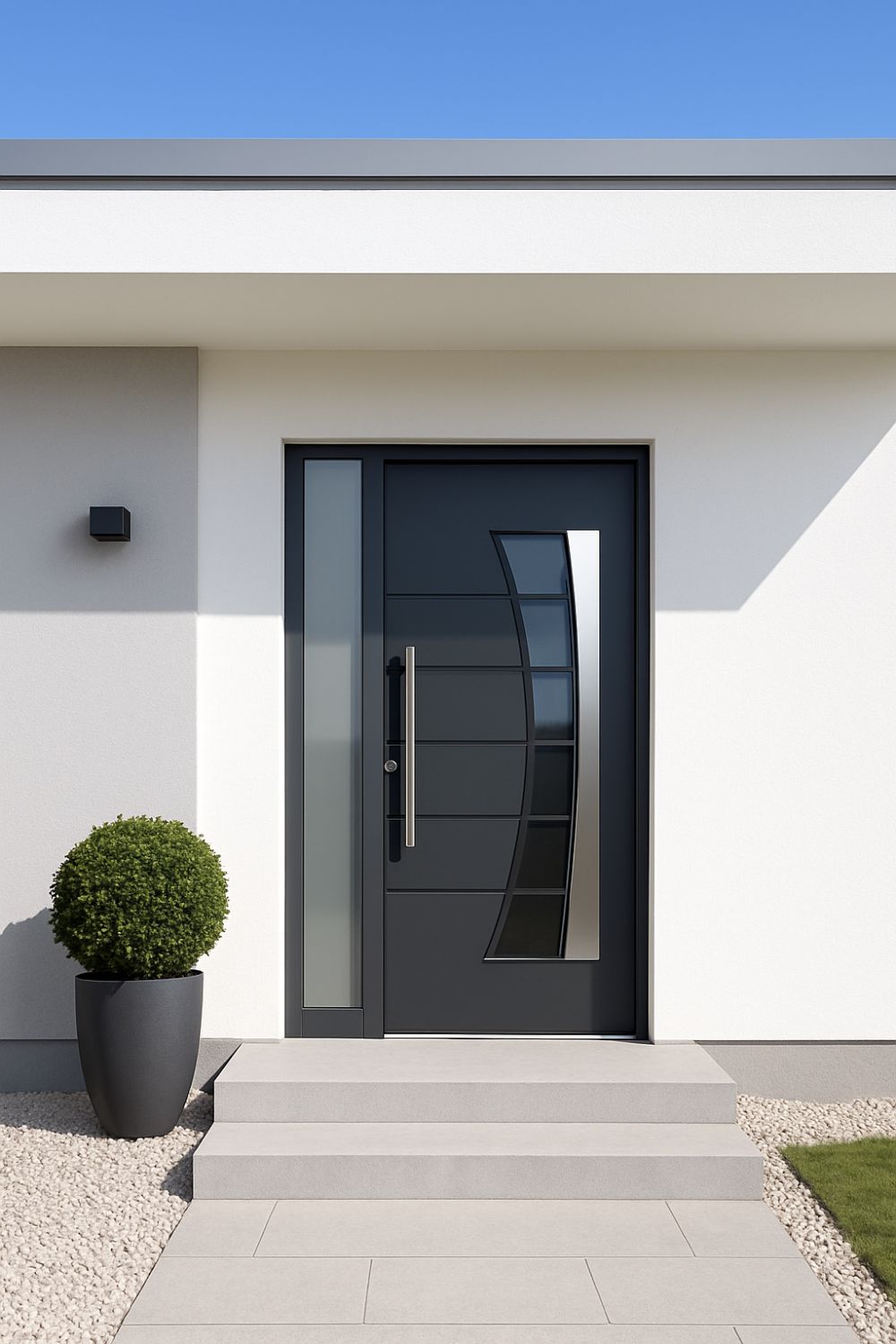 Puerta negra de herrería con diseño curvo y vidrio templado en fachada moderna con techo plano y entrada principal clara