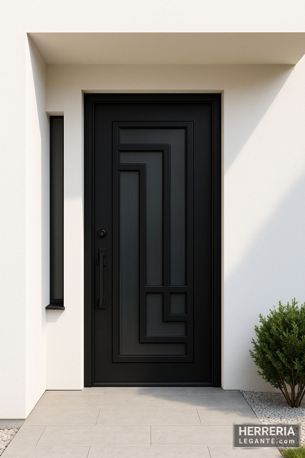 Puerta de herrería negra con diseño geométrico instalada en fachada blanca de estilo minimalista