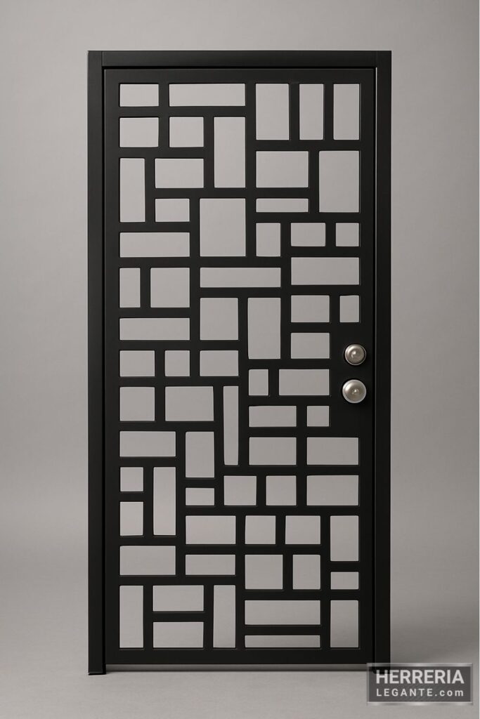 puerta de herrería negra con patrón geométrico irregular sobre fondo gris