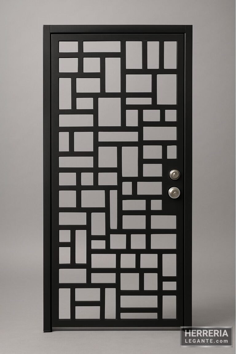 puerta de herrería negra con patrón geométrico irregular sobre fondo gris