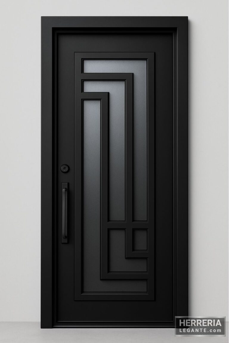 Puerta de herrería negra con diseño geométrico y vidrio central, fondo gris neutro