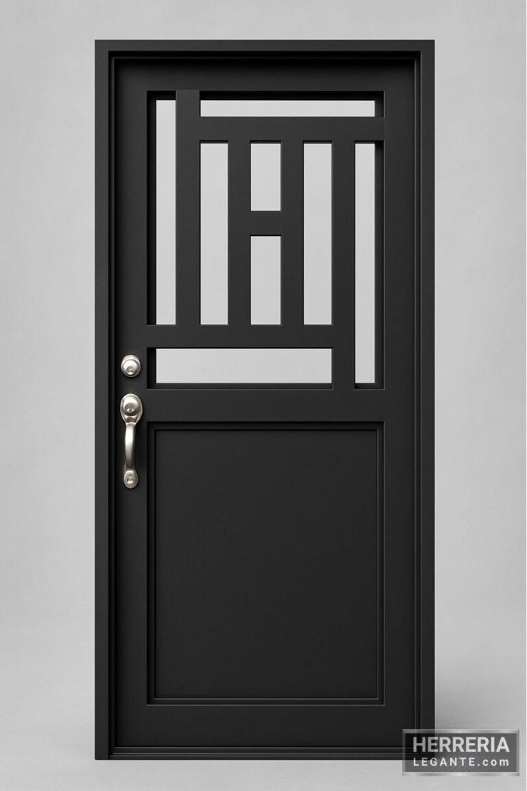 Puerta de herrería con diseño geométrico en negro mate y vidrio, vista frontal sobre fondo gris