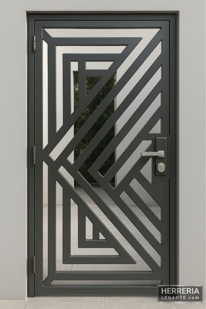 Puerta de herrería exterior con diseño geométrico de líneas diagonales y acabado metálico gris oscuro